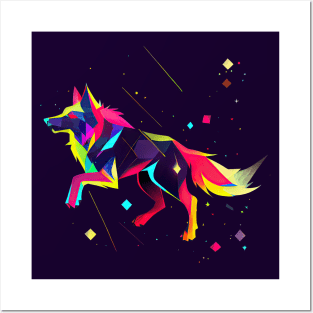 Geometric wolf jumping among the stars Posters and Art